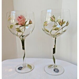 Block Vintage Rose Balloon Wine Glasses Set Of 2 Floral Hand Painted